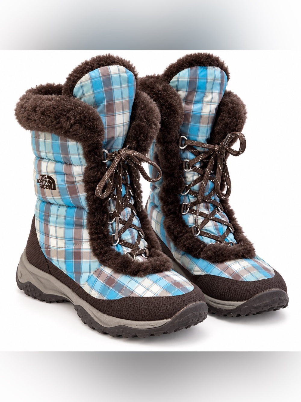 The North Face Girls Size 5 Blue Plaid Faux Fur Winter Snow Boots